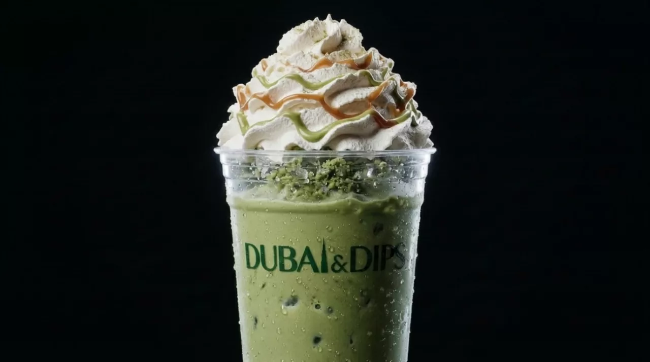 A green frappe in a Dubai & Dips cup topped with whipped cream and drizzle, the kind of drink that goes into dessert catering in Houston