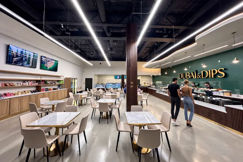 Inside Dubai & Dips Clear Lake: marble tables and cream chairs under the light rails, the walnut slat column, and the gold DUBAI & DIPS sign on the green wall above the counter.
